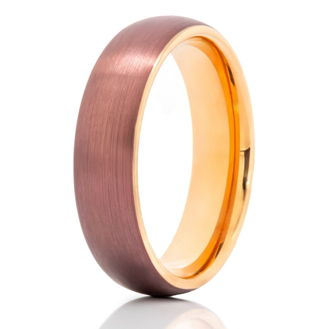 The West Coast, a 6mm brown and rose gold ring that features a brown, brushed finish and a polished rose gold band.
