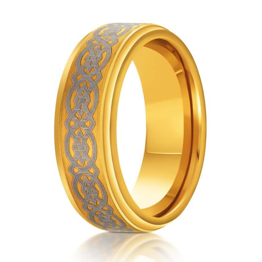 The Whiz, a gold 8mm tungsten carbide ring with a brushed center and polished, beveled edges that features an engraved silver celtic knot.