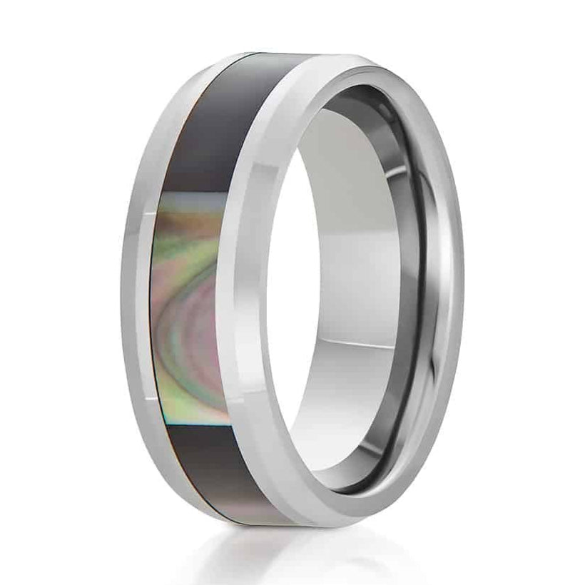 The Woodford, a 8mm silver tungsten carbide ring that features a polished finish and dark mother of pearl inlay.