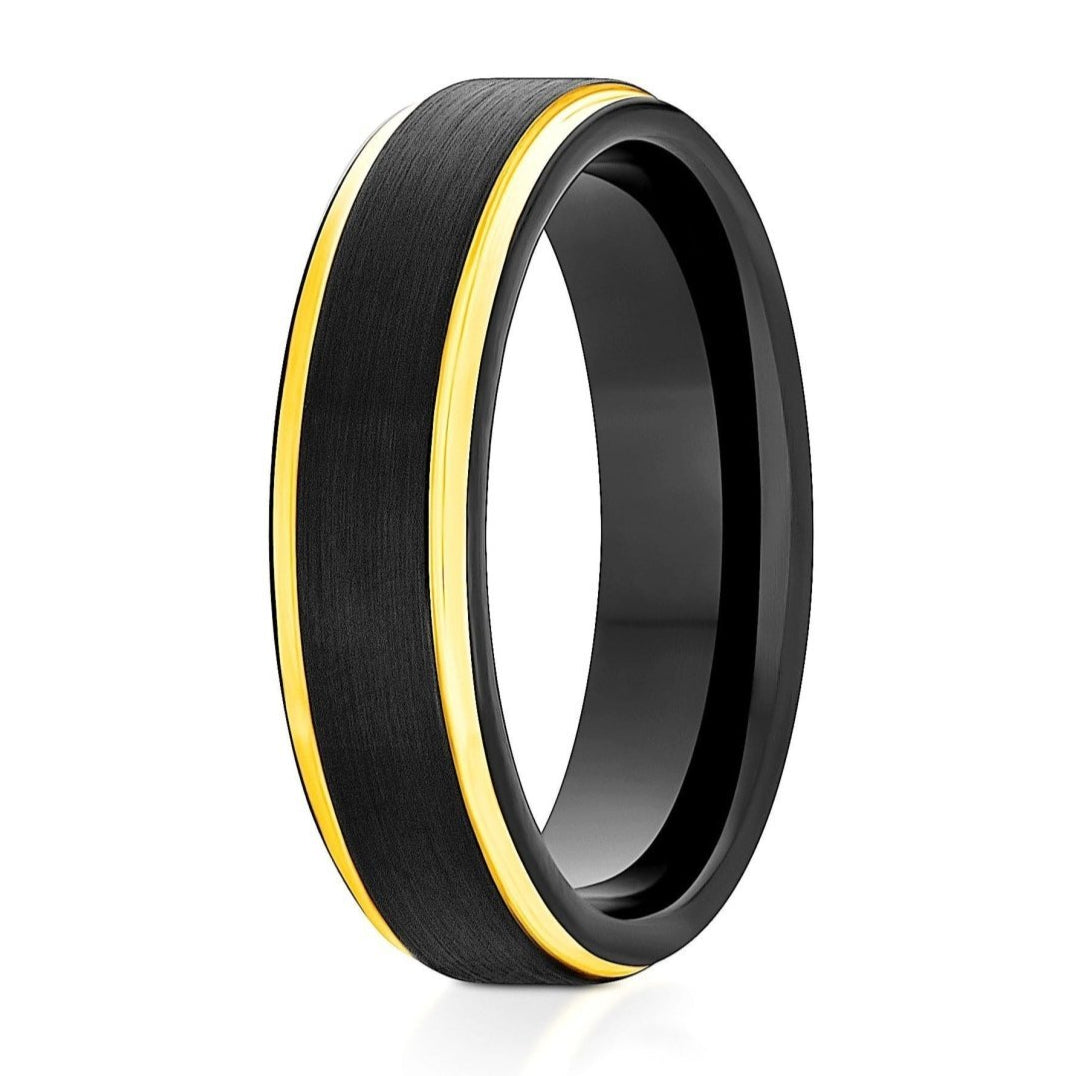The Yellowstone, a 6mm black tungsten ring with a brushed finish and sleek, polished gold edges.