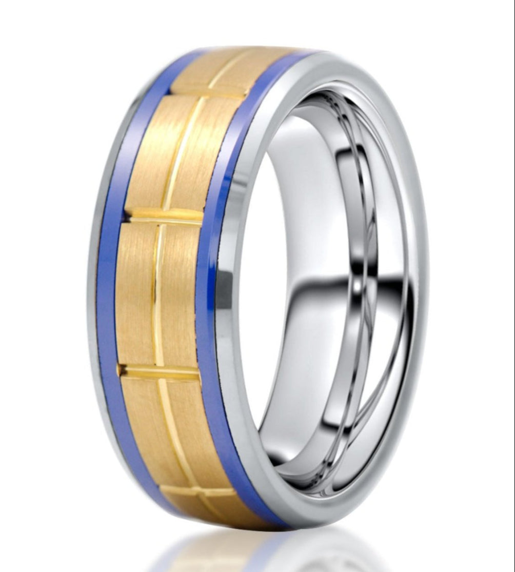 The Yosemite, a silver and gold tungsten ring with a gold, brushed center and silver polished edges and blue trim.