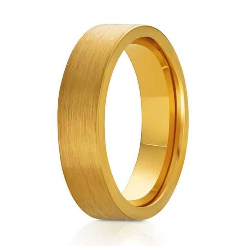 The Zayn, a 6mm gold tungsten carbide scratch-resistant ring with a pipe cut design and brushed finish.