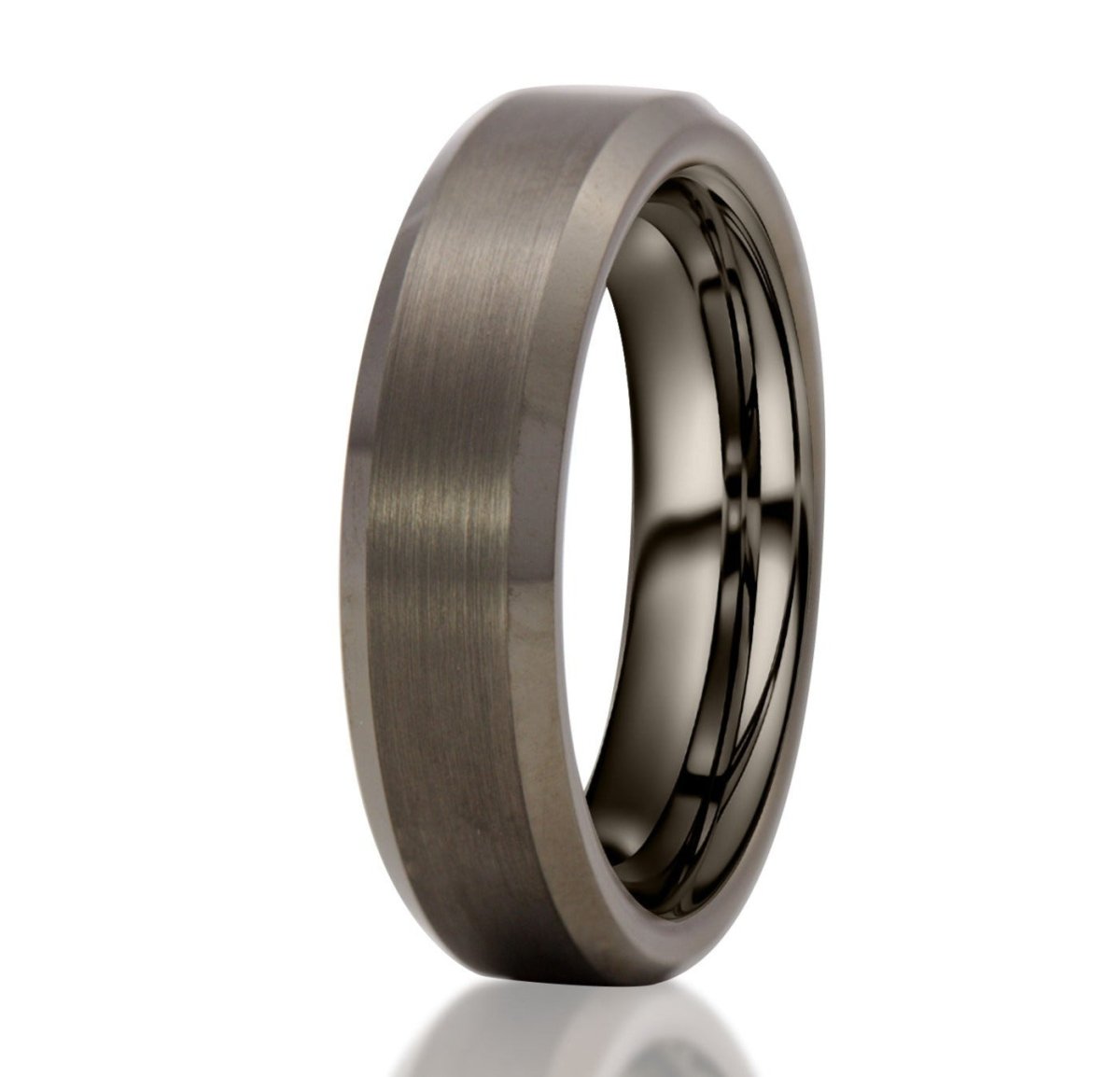 The Zyaire, a 6mm gray tungsten carbide scratch-resistant ring with a brushed center and sleek, polished edges.