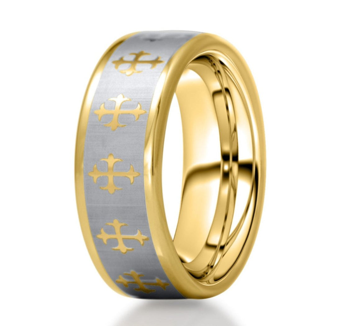 The Ash, a gold tungsten ring with a silver center and laser engraved gold crosses.