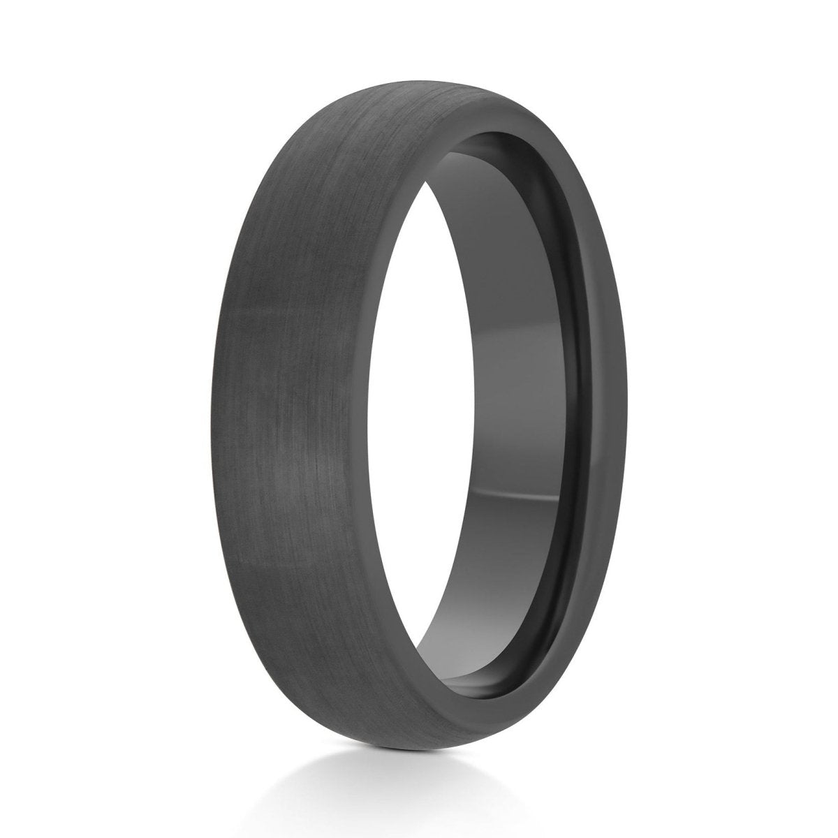 The Bastion, a 6mm gray tungsten ring with a brushed finish and classic domed design.