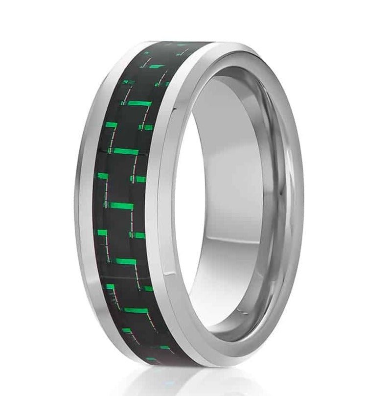 The DJ, a silver scratch-resistant tungsten carbine ring that features a polished finish and a black and green carbon fiber inlay.