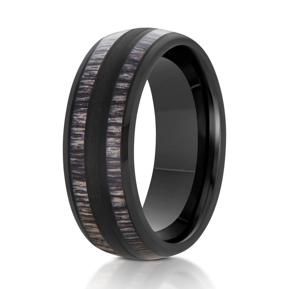 The Onyxwood, a 8mm black tungsten ring with a brushed center and polished edges that feature a charcoal wood inlay.