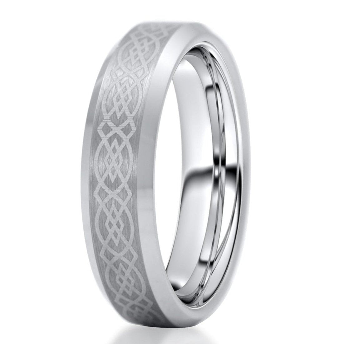 The Prodigy, a 6mm silver tungsten carbide ring with a brushed center and laser engraved celtic design with, sleek, polished edges.