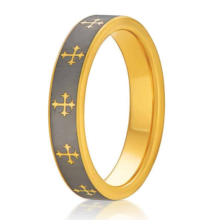 The Regent, a 5mm silver and gold tungsten ring with a brushed center and polished edges features gold laser engraved crosses.