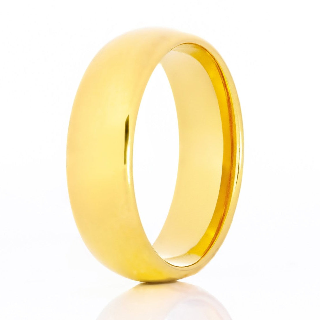 The Stoic, a 7mm gold tungsten scratch resistant ring with a polished finish.