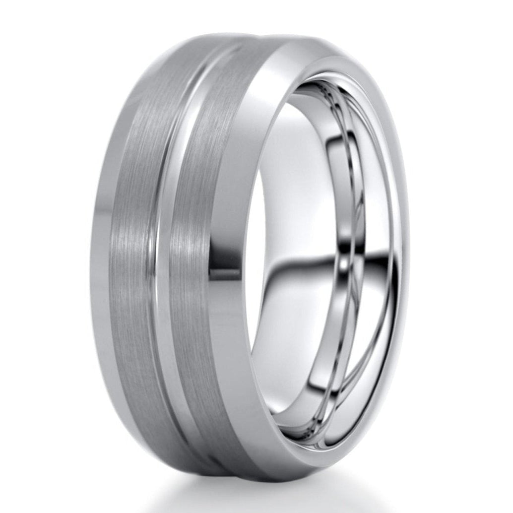 The Survivor, a silver tungsten carbide ring with a brushed center and polished edges and grooved center.