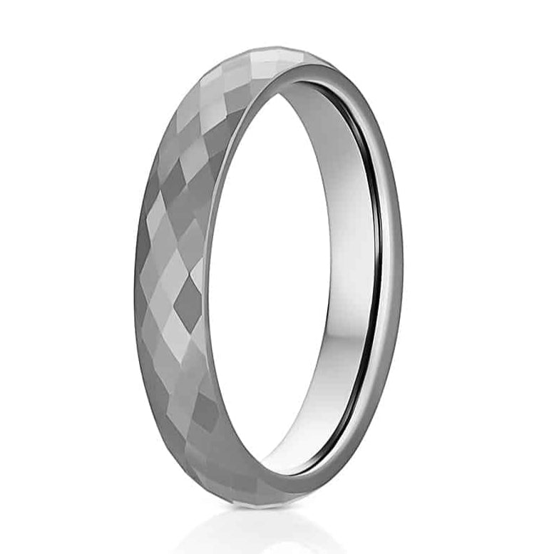 The World Series, a 4mm silver tungsten scratch-resistant ring that features a faceted face and polished finish.
