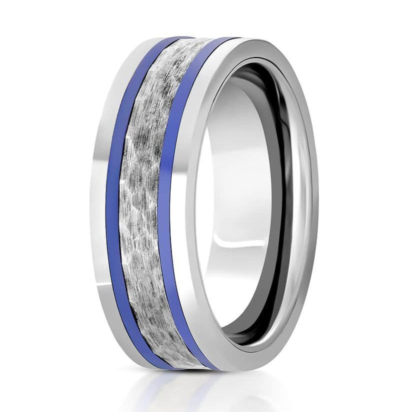The Bandelier, a silver tungsten ring with a hammered and brushed center with polished edges that features a blue trim.