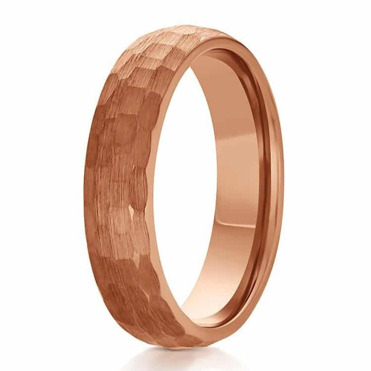 The Chattahoochee, a 6mm rose gold tungsten carbide ring that features a hammered and brushed finish and polished band.
