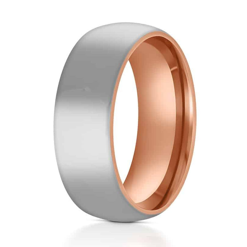 The Childress, a 8mm silver tungsten carbide scratch-resistant ring with a polished finish and rose gold band.