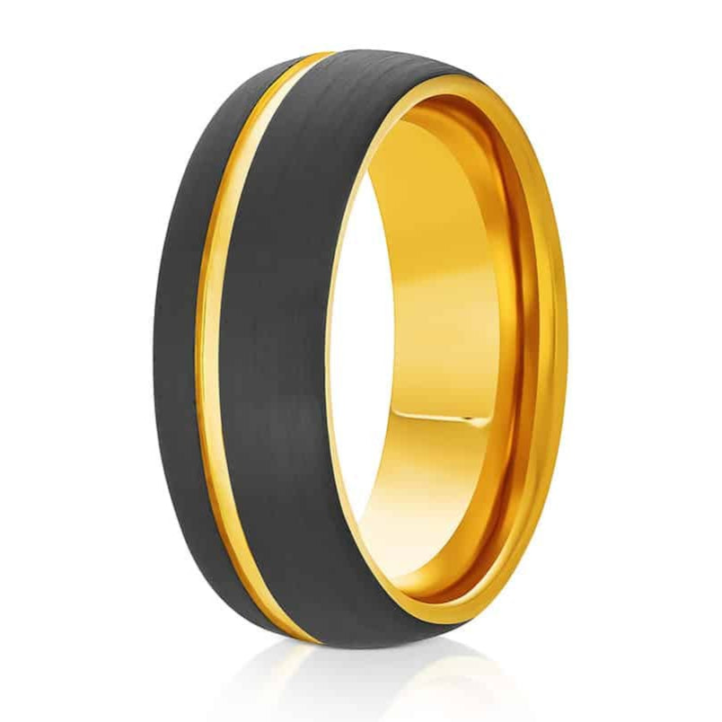 The Domed, a black and gold tungsten carbide ring that features a brushed finish and polished gold groove and inner band.