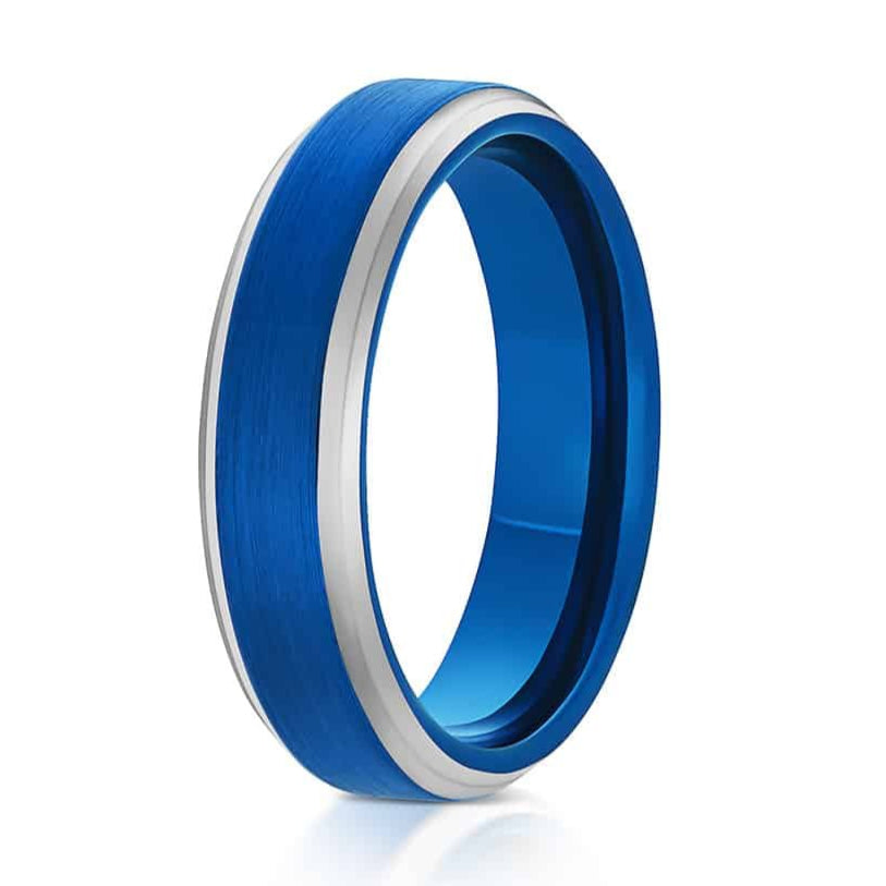 The Hoba, a silver and blue tungsten carbide ring with a sleek, polished edge and a brushed blue center.