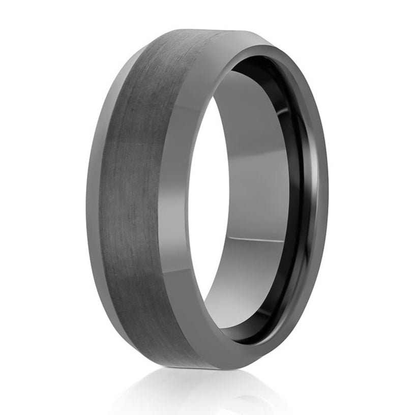 The Jetsetter, a 8mm gray tungsten carbide scratch-resistant ring with a brushed center and polished edges.