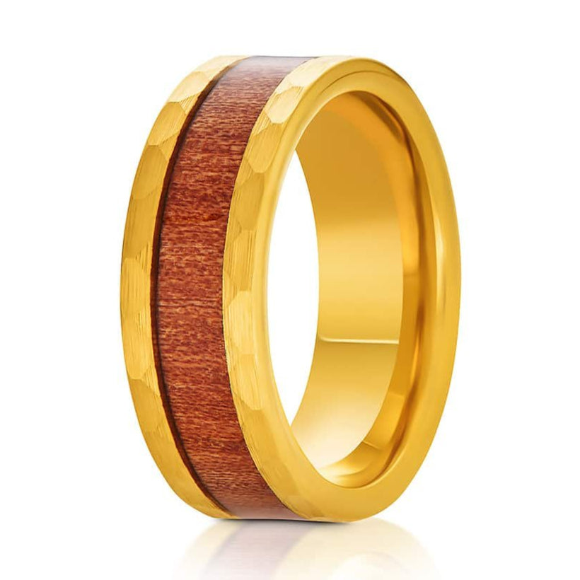 The Makana, a 8mm gold tungsten ring that features a hammered and brushed finish with a Hawaiian Koa wood inlay.