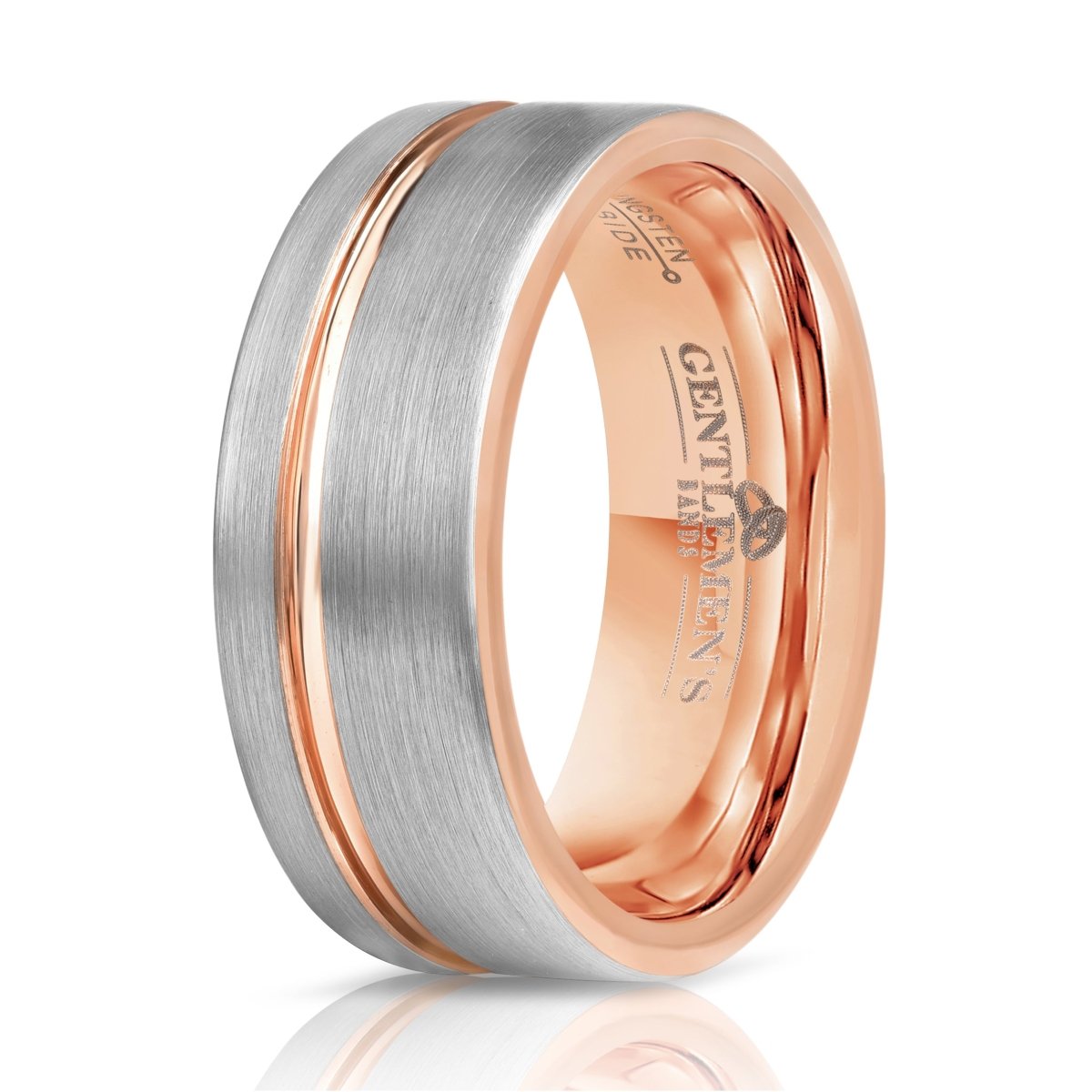 The Montana, a silver and rose gold tungsten ring with a brushed finish and polished groove.