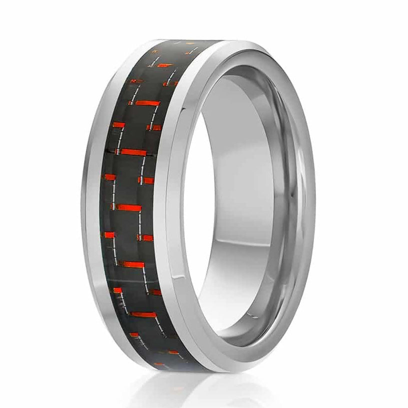 The Opportunist, a silver tungsten carbide ring that features a polished finish and black and red carbon fiber inlay.