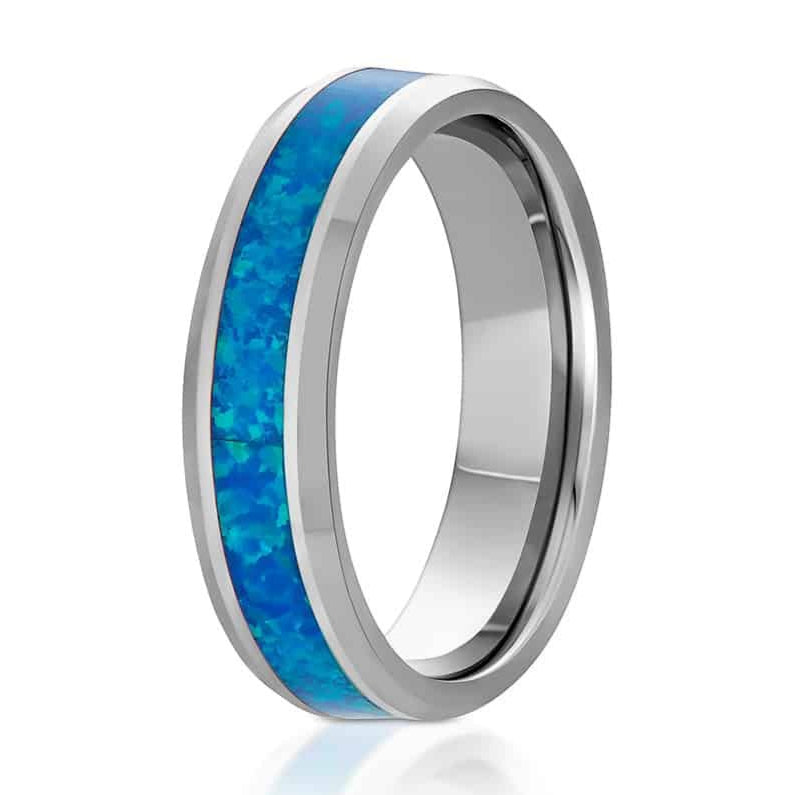 The Patton, a silver tungsten 6mm scratch-resistant ring with a polished finish and blue opal inlay.