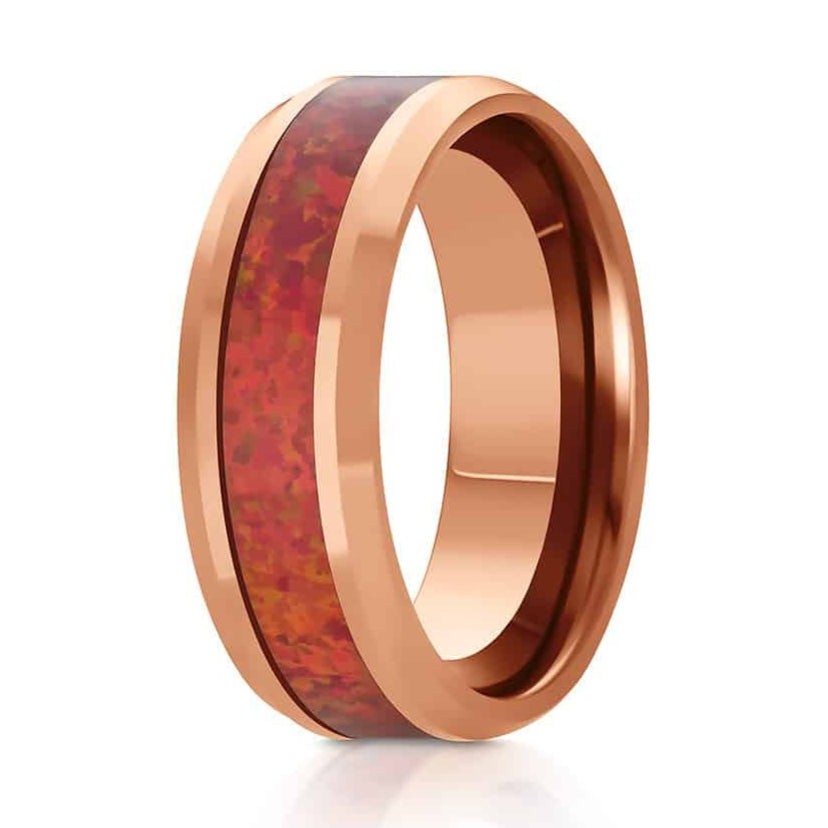 The Routt, a rose gold tungsten carbide scratch-resistant ring that features a polished finish and vivid red opal inlay.