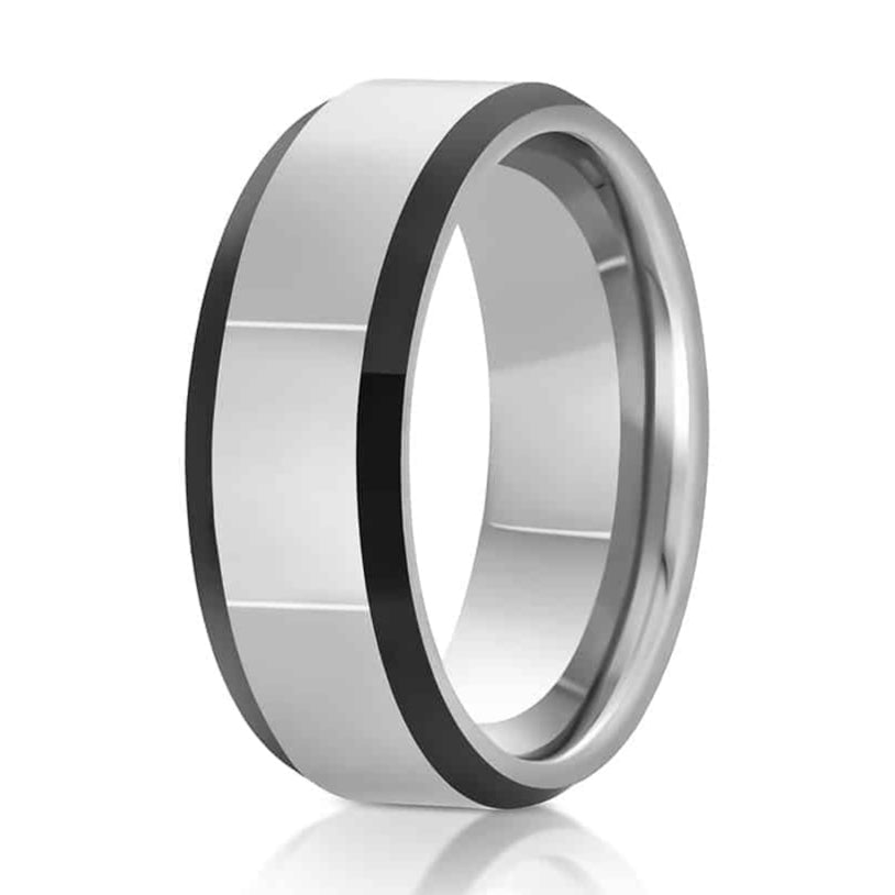 The Saturn, a silver tungsten carbide scratch-resistant ring that features a polished finish and black edges.