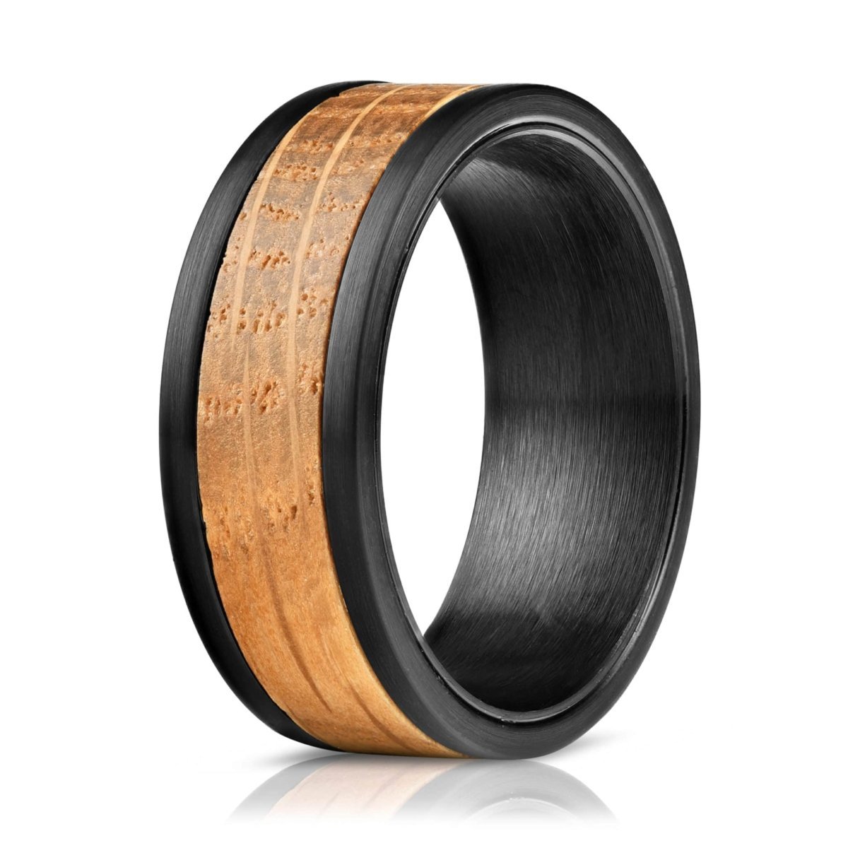 The Cask, a sleek black tungsten carbide wedding ring with a brushed finish and oak whiskey barrel wood inlay.