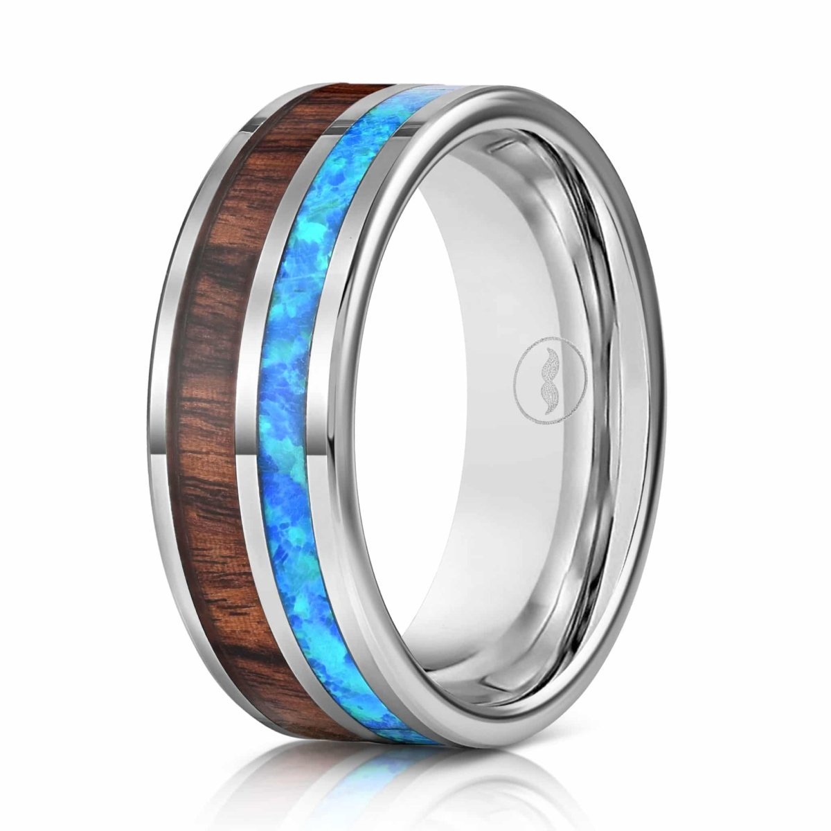 The Aloha, a silver polished tungsten carbide wedding band with a hawaiian koa wood inlay paired with a vivid blue opal inlay.