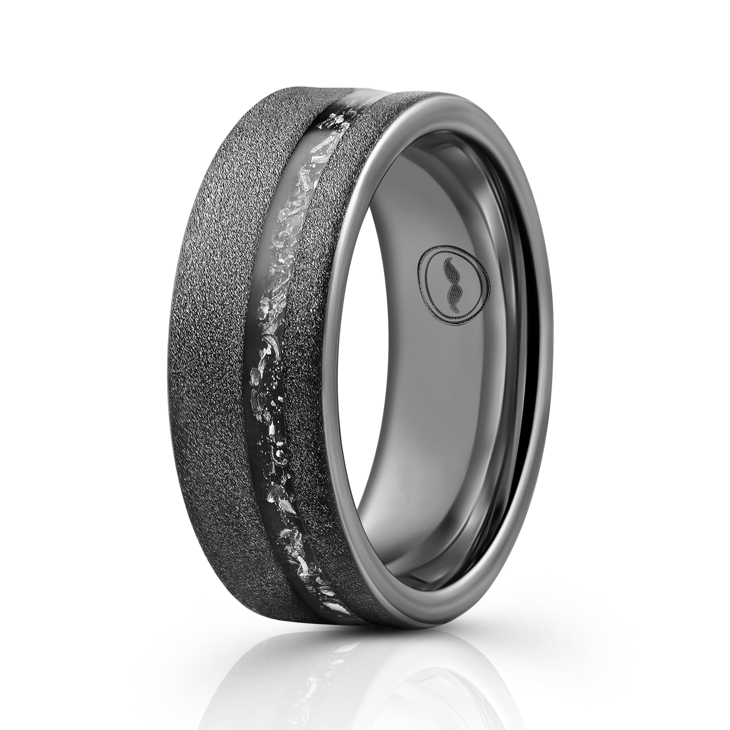 Meteorite ring, black meteorite tungsten ring, meteorite men’s band in yellow gold, meteorite top band men