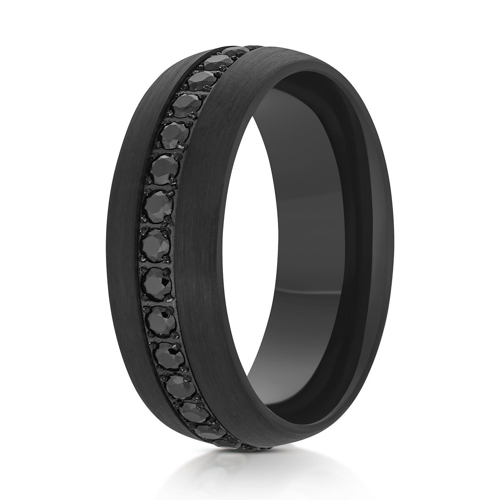 The Abyss, a 8mm black brushed tungsten ring with a domed design and black CZ eternity diamonds set in the center.