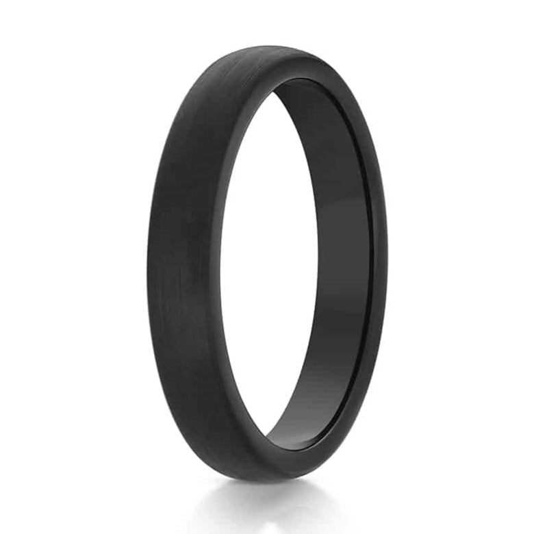 The Adonis, a 4mm black tungsten carbide scratch-resistant ring that features a brushed finish and polished edges.