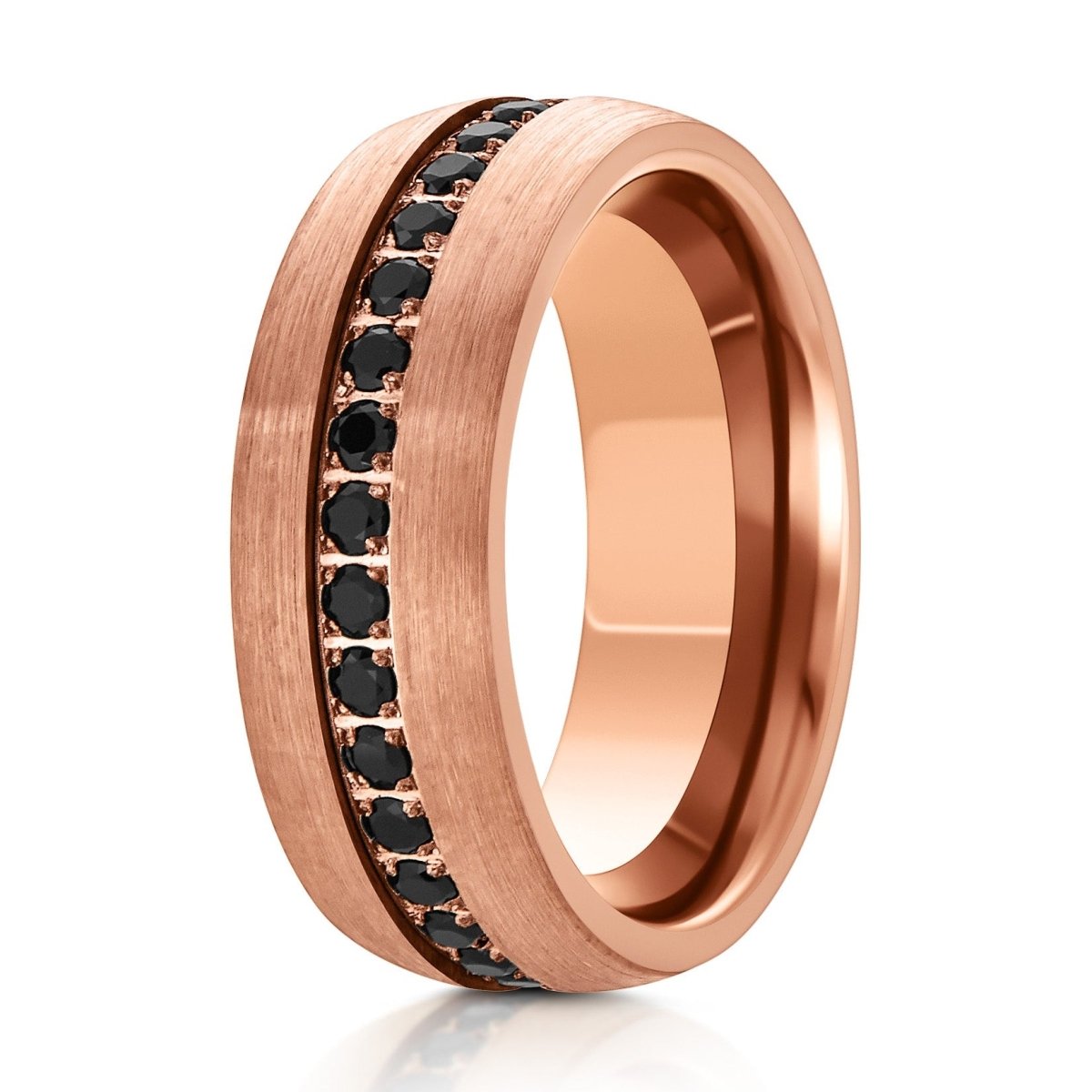 The Advisor, a 8mm rose gold tungsten ring with a brushed finish that features an eternity band of black CZ diamonds in the center.