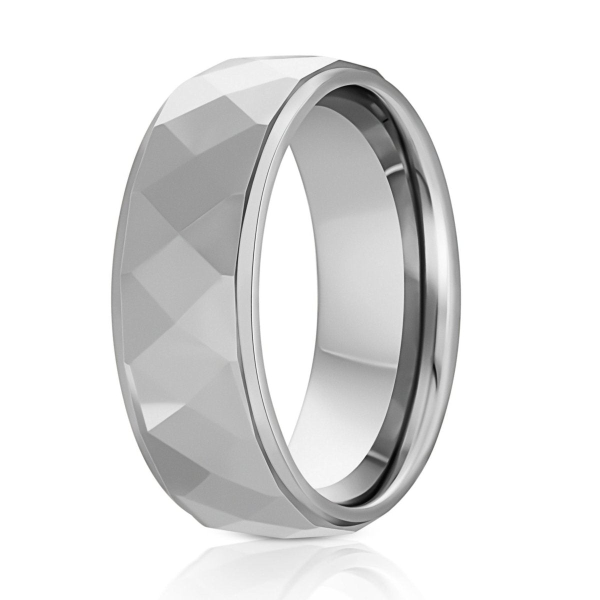 The Aegis, a 8mm silver tungsten scratch-resistant ring with a faceted and polished finish with stepped edges.