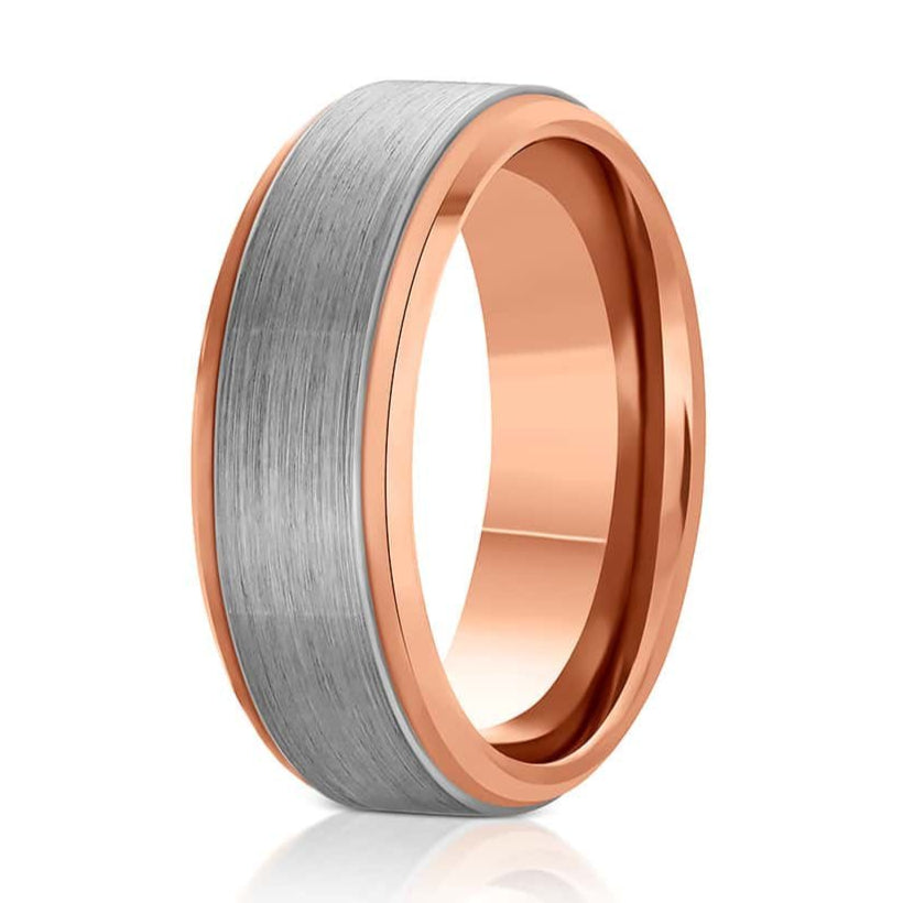The Agent, a two-toned silver and rose gold tungsten ring that features a brushed silver center and rose gold polished edges and band.