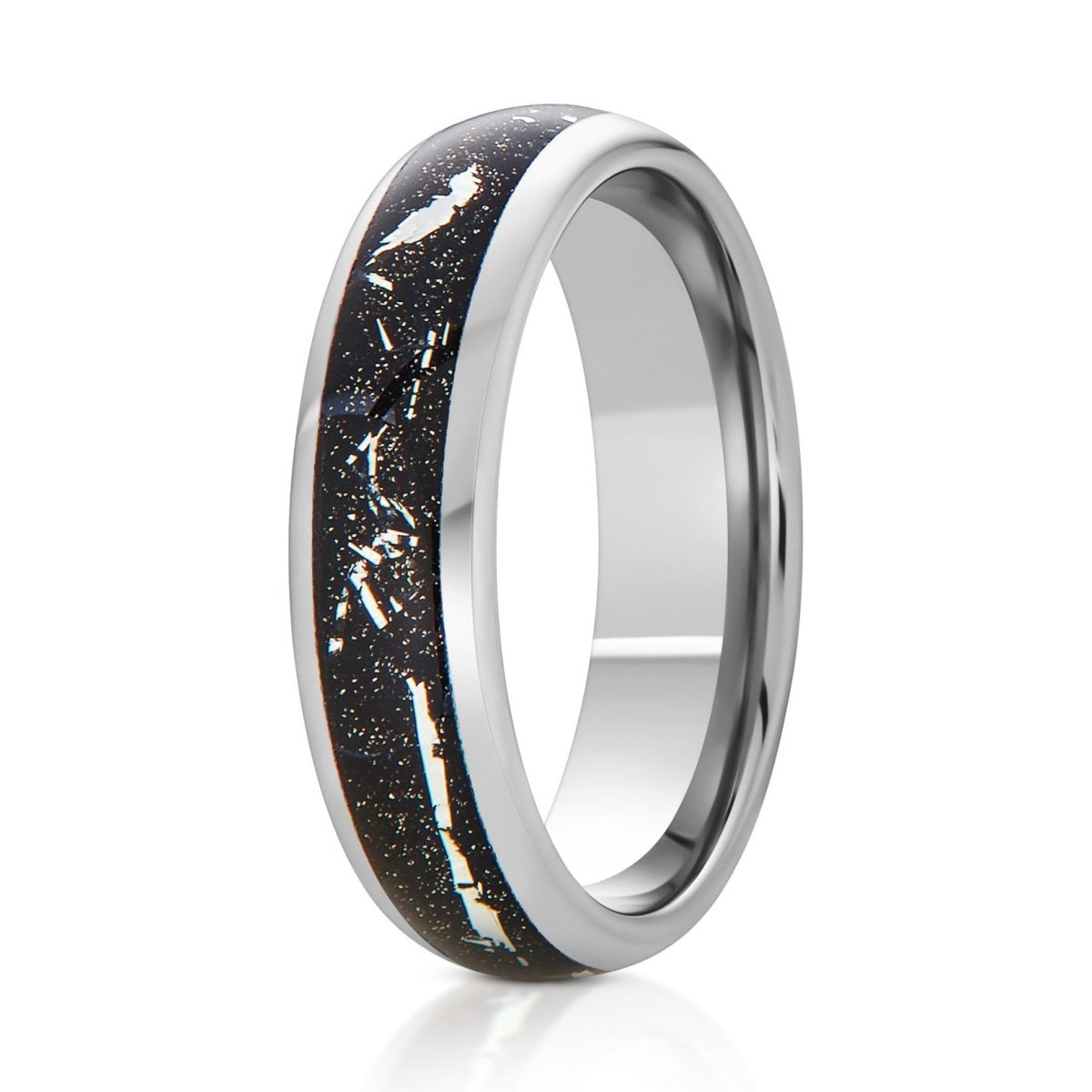 The Alloy, a 6mm silver tungsten ring with a polished finish and a black center with metallic shavings inlay.