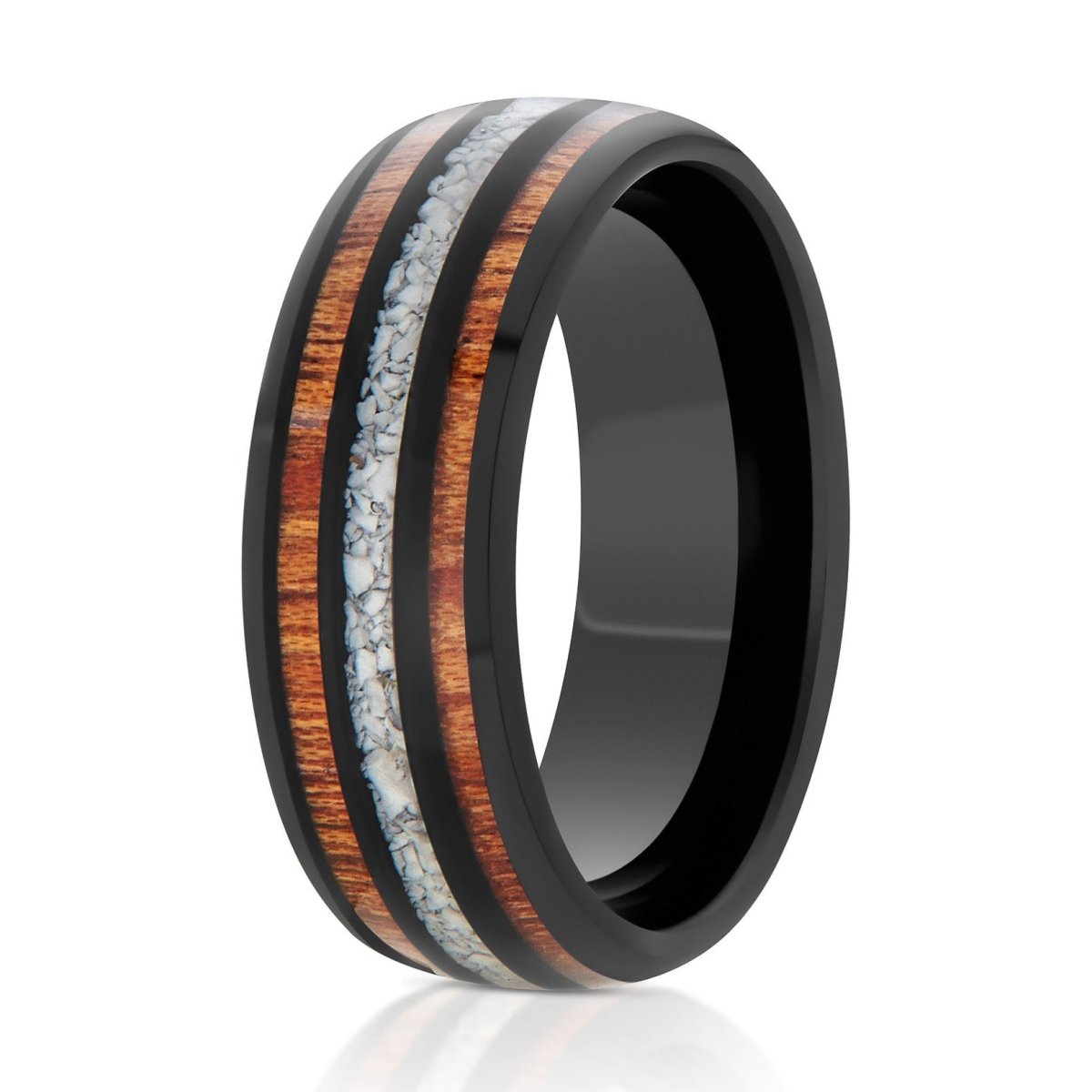The Altair, a 8mm black tungsten ring with a polished finish that features a double koa wood inlay and a crushed white turquoise inlay in the center.