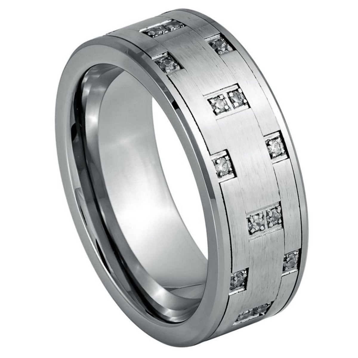 The Alter, a 8mm silver tungsten ring with a brushed center and polished edges that features a pipe cut design and alternating prong set white CZ diamonds.