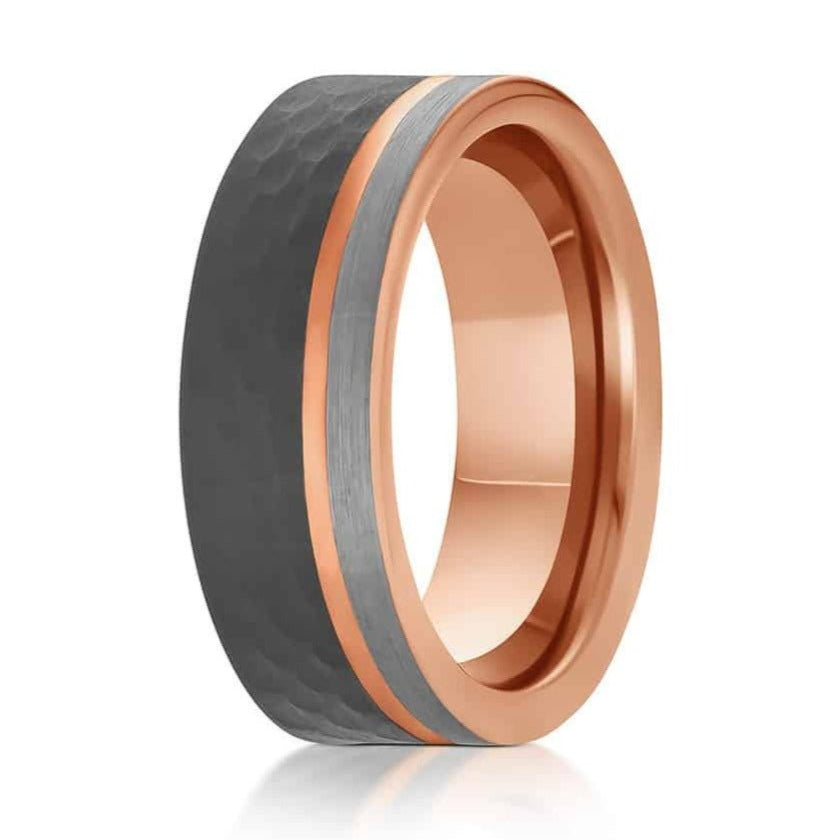 The Amos, a black and silver two-toned front face with a hammered and brushed finish and a polished rose gold groove and band.