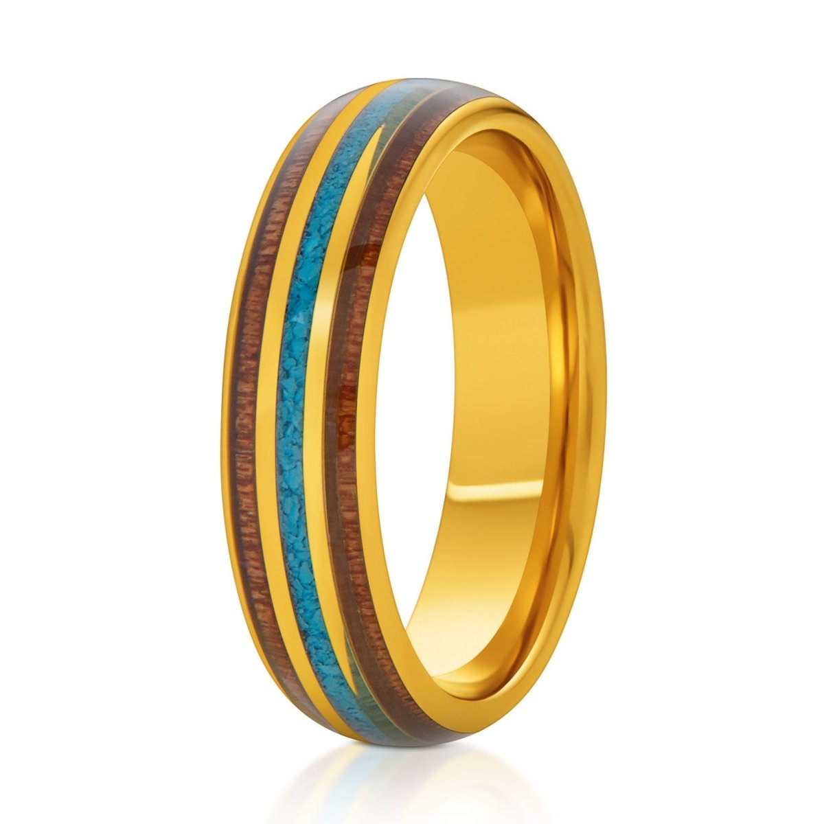 The Anderson, a 6mm gold tungsten wedding band with a polished finish that features a double koa wood inlay and a vivid blue crushed turquoise inlay in the center.