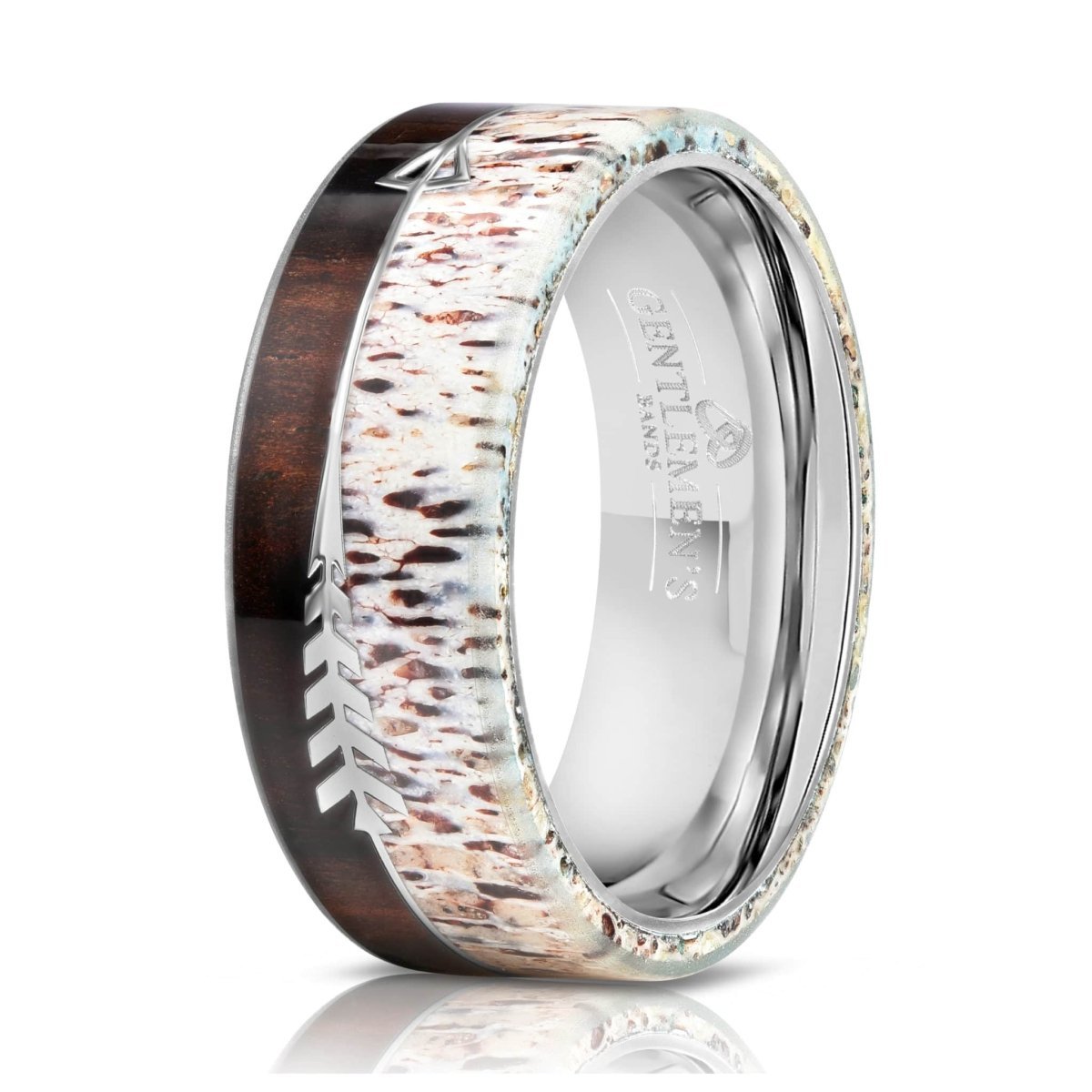 The Antler, a silver tungsten wedding band features wood and antler gives it a unique and bold look.