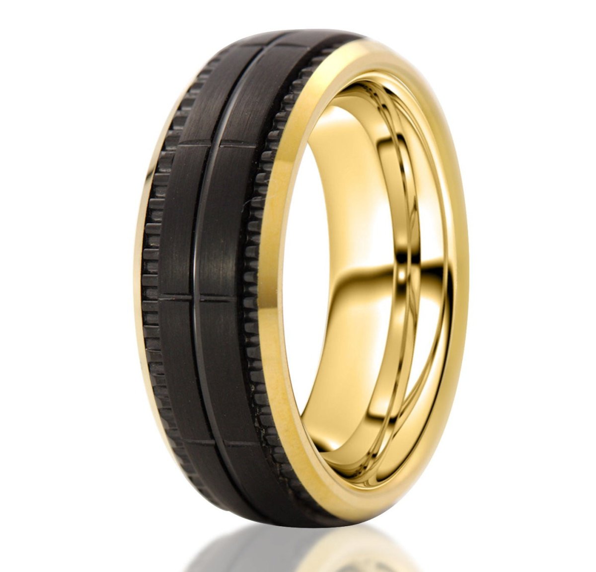 The Apache, a gold and black tungsten carbide scratch-resistant ring with a brushed center and sleek, polished edges.