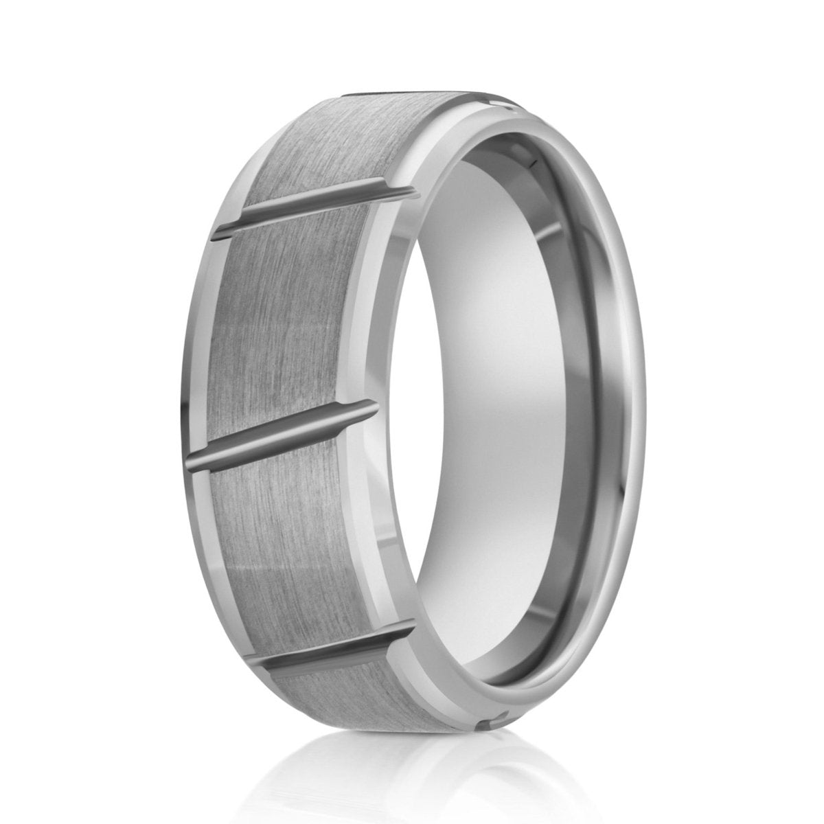 The Apex, a 9mm silver tungsten ring with a brushed center and polished edges with diagonal grooves around the ring.