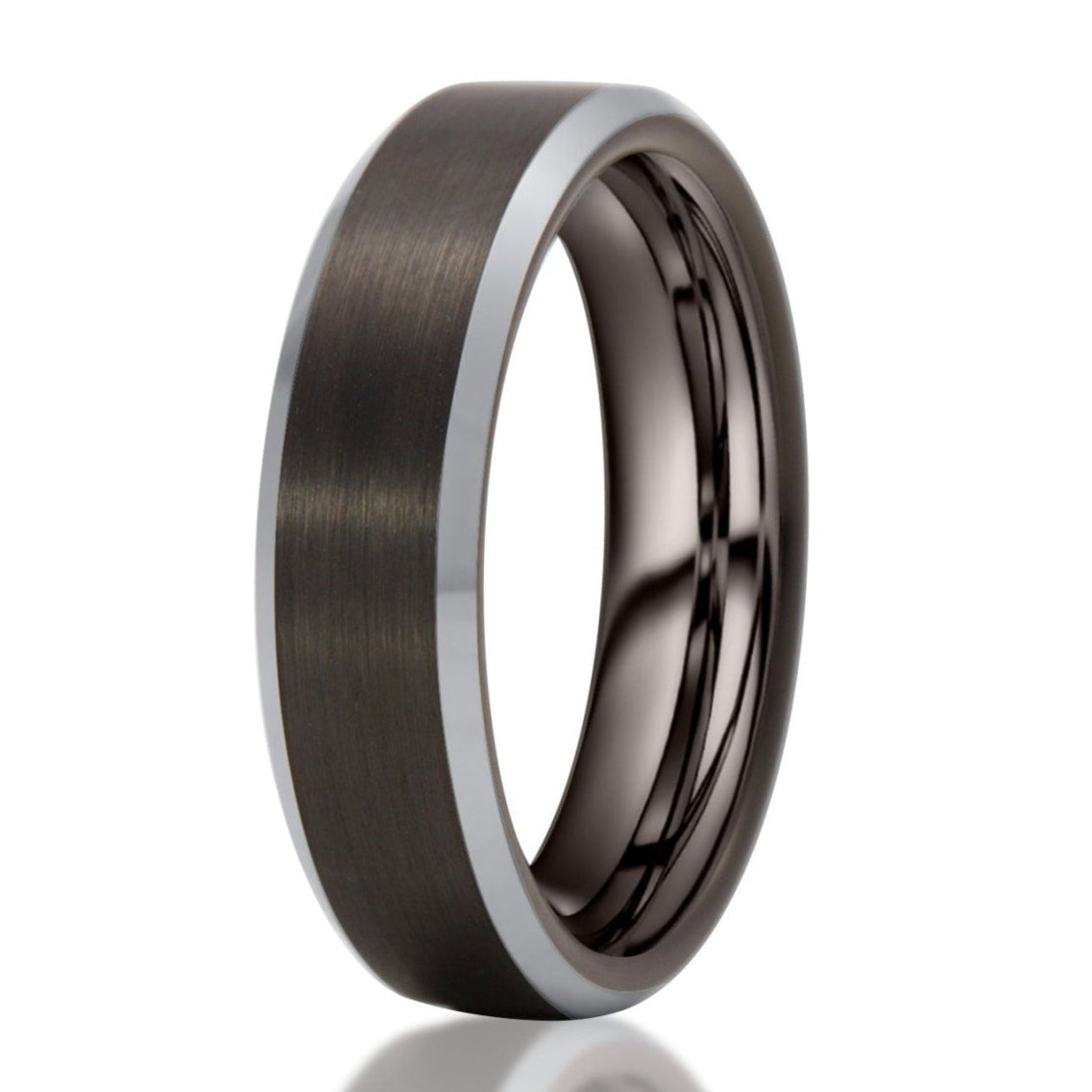 The Arches, a black and steel tungsten carbide ring with a brushed center and sleek, polished edges.