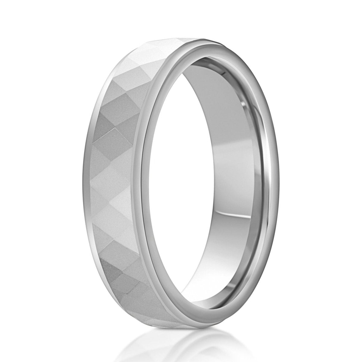 The Argent, a 6mm silver tungsten scratch-resistant ring with a faceted and polished finish with stepped edges.