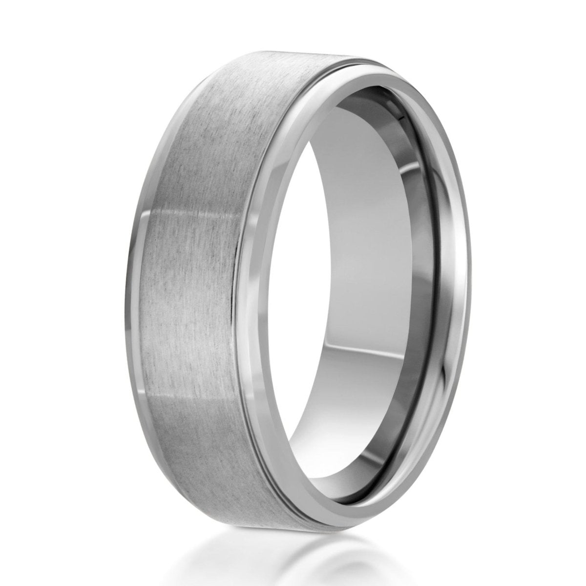 The Argentum, a 8mm silver titanium ring with a brushed finish in the center and sleek, polished beveled edges.