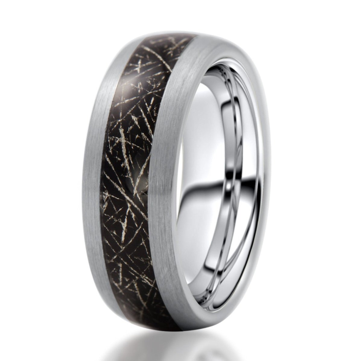 The Armstrong, a gray tungsten carbide ring with a brushed finish and black meteorite inlay.