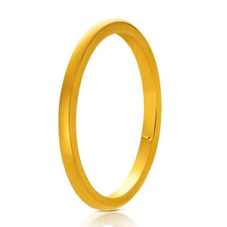 The Artist, a thin 2mm gold tungsten carbide wedding band that features a sleek, polished finish.