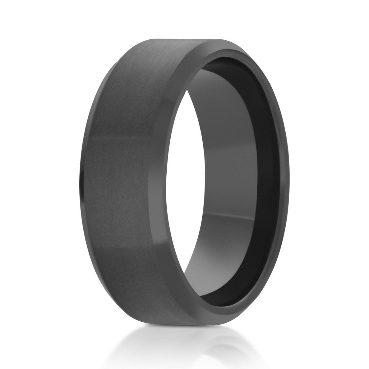 The Ashborne, a 8mm gray zirconium ring that features a brushed finish with polished beveled edges.